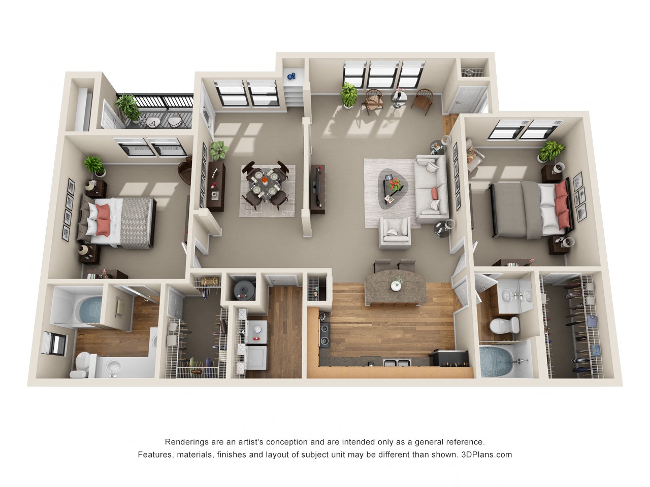 Floor plan for 2 beds, 2 baths, 1386 sqft